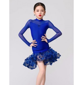 Royal blue white lace flowers ballroom latin dance dresses for children salsa rumba latin ballroom performance skirts for kids